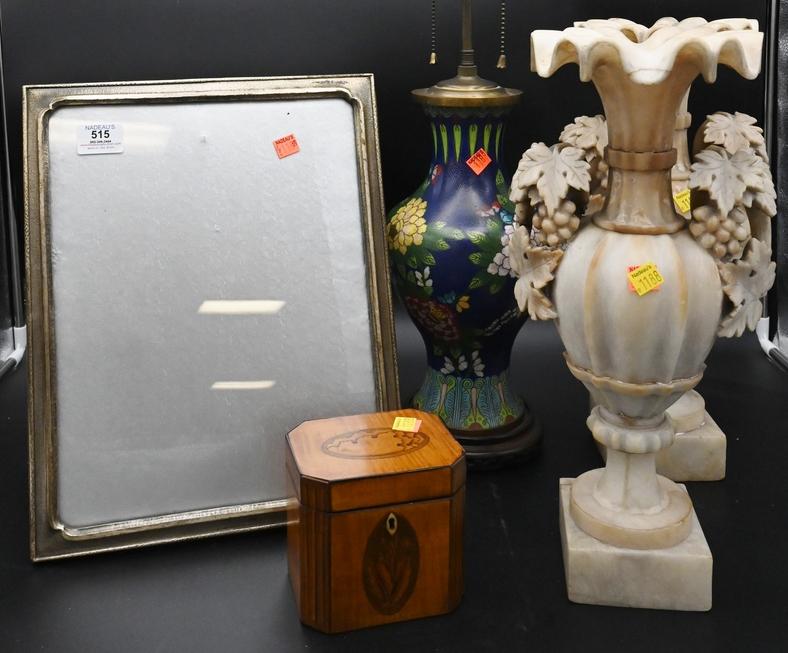 Group Lot, to include a pair of alabaster ewers, cloisonne vase, inlaid tea box, along with a (1 of 5)