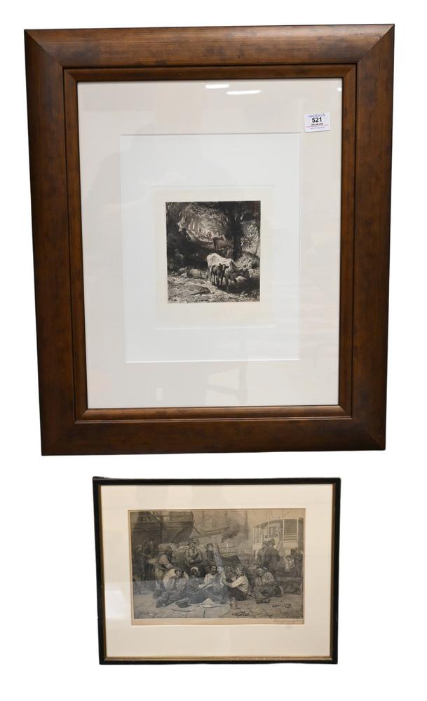 Group of Framed and Unframed Items, to include a Peter Moran etching with cows; small etching with: Group of Framed and Unframed Items, to include a Peter Moran etching with cows; small etching with cows possibly Moran; portfolio with lithographs, etching engraving, etc., largest 15" x 17".