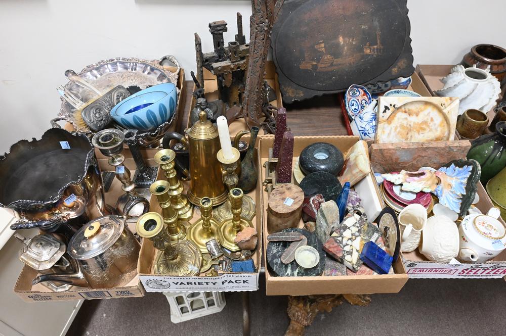 Seven Tray Lots of Metals and Porcelain, to include Chinese porcelain, brass candlesticks (18th and (1 of 5)