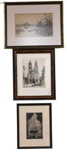 Group of Approximately 21 Etchings and Engravings: Group of Approximately 21 Etchings and Engravings, to include Caroline Armington, La Cathedrale De Tours, 64/100; Paul Geissler, Philadelphia; Charles Watson, cathedral; Nathaniel Sparks, street scene