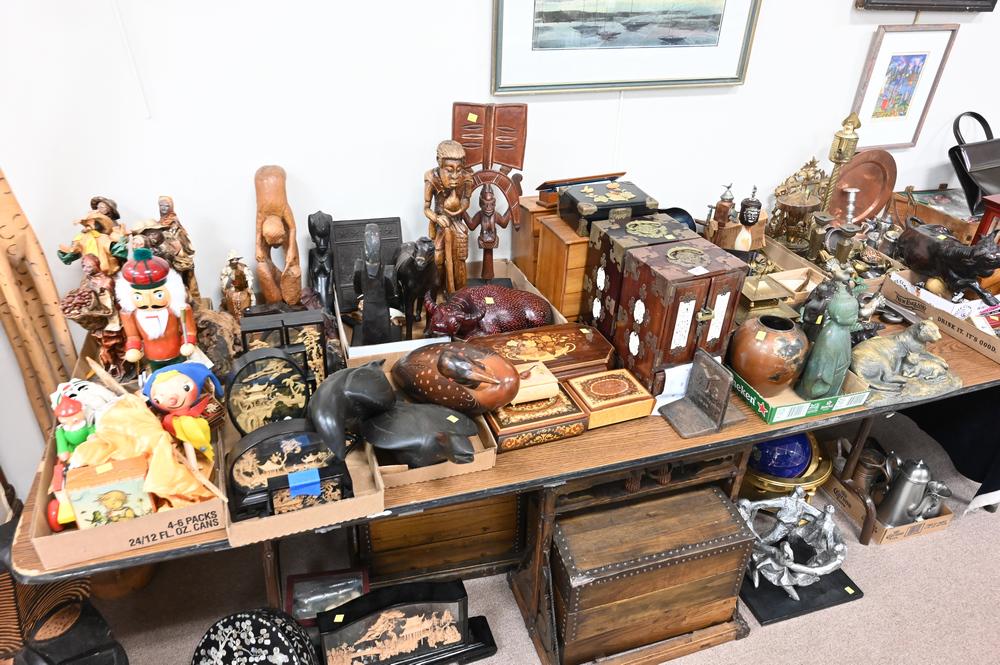 On Top and Below Table Lot, to include cloisonne, bronze animals, cork carvings, hat pins, stick (1 of 6)