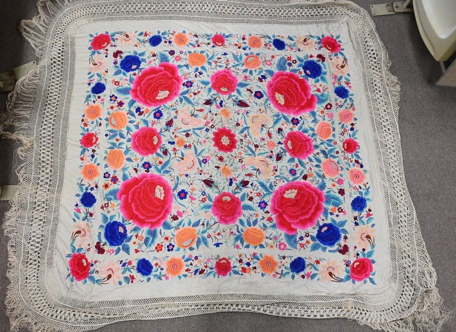 Chinese Silk Embroidered Piano Shawl, having multicolor flower motif, approximate size 5â€™ 10&rdquo (1 of 3)