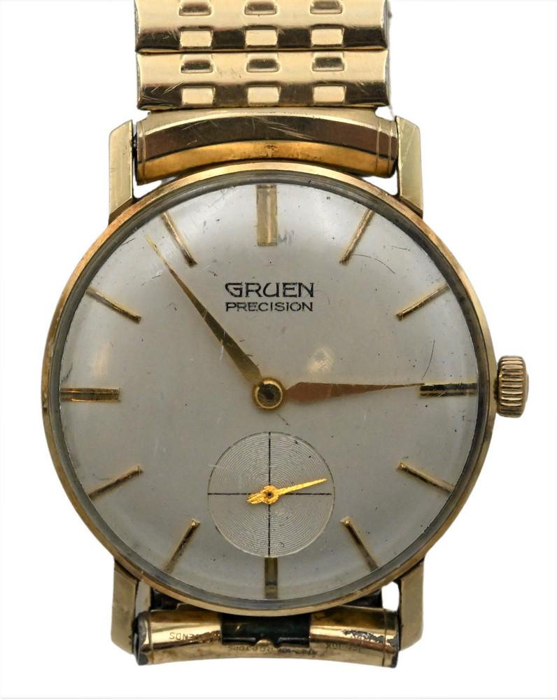 14 Karat Gold Gruen Precision Vintage Wristwatch, 30 millimeters.: 14 Karat Gold Gruen Precision Vintage Wristwatch, 30 millimeters.