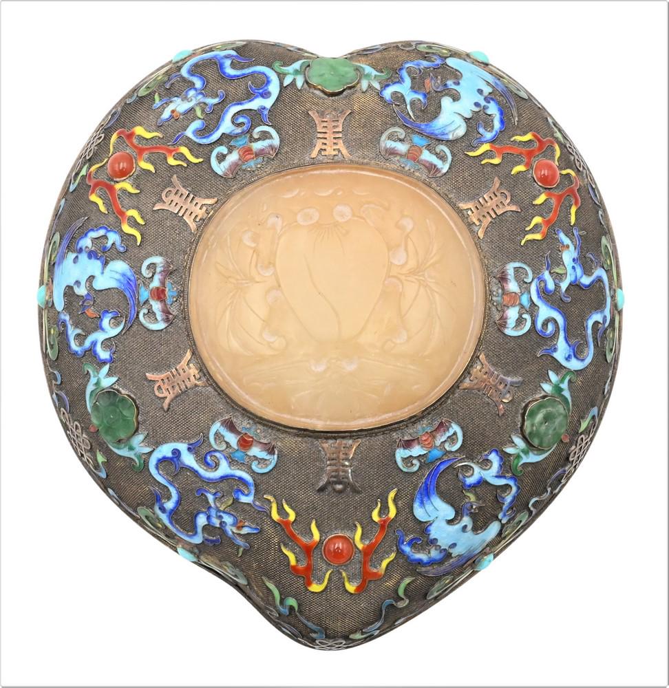 Chinese Silver Enameled Gourde Box, in the form of a gourde or heart, having carved jade plaque: Chinese Silver Enameled Gourde Box, in the form of a gourde or heart, having carved jade plaque mounted on the lid, surrounded by enameled phoenix birds, dragons and bats, amongst flaming clouds, body