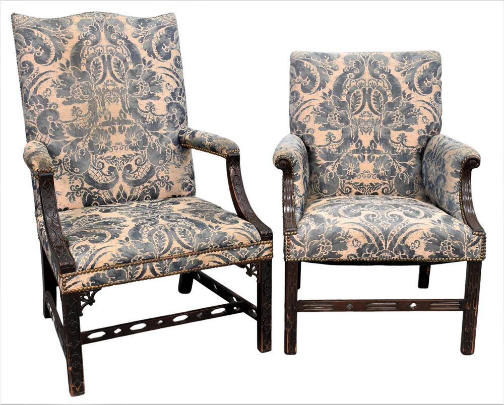 Two Mahogany Chippendale Upholstered Arm Chairs, each having pierced stretchers, one is 18th century: Two Mahogany Chippendale Upholstered Arm Chairs, each having pierced stretchers, one is 18th century probably English, one stretcher off. Provenance: Estate of Wallace Bradway, New Haven, CT.