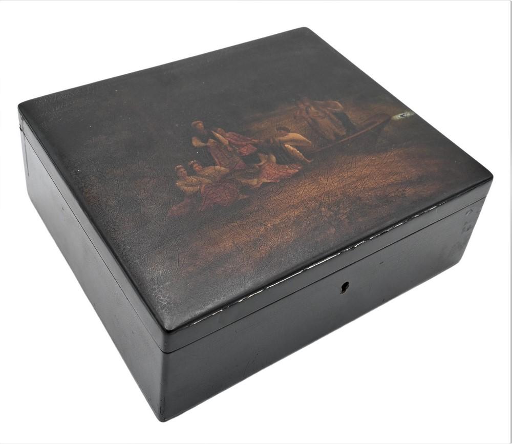 Large Russian Lacquered Square Box, having painted scene with figures getting off a boat on the: Large Russian Lacquered Square Box, having painted scene with figures getting off a boat on the over, opening to red lacquer interior, bearing two stamps, height 4 inches, top 10 x 11 1/4 inches.