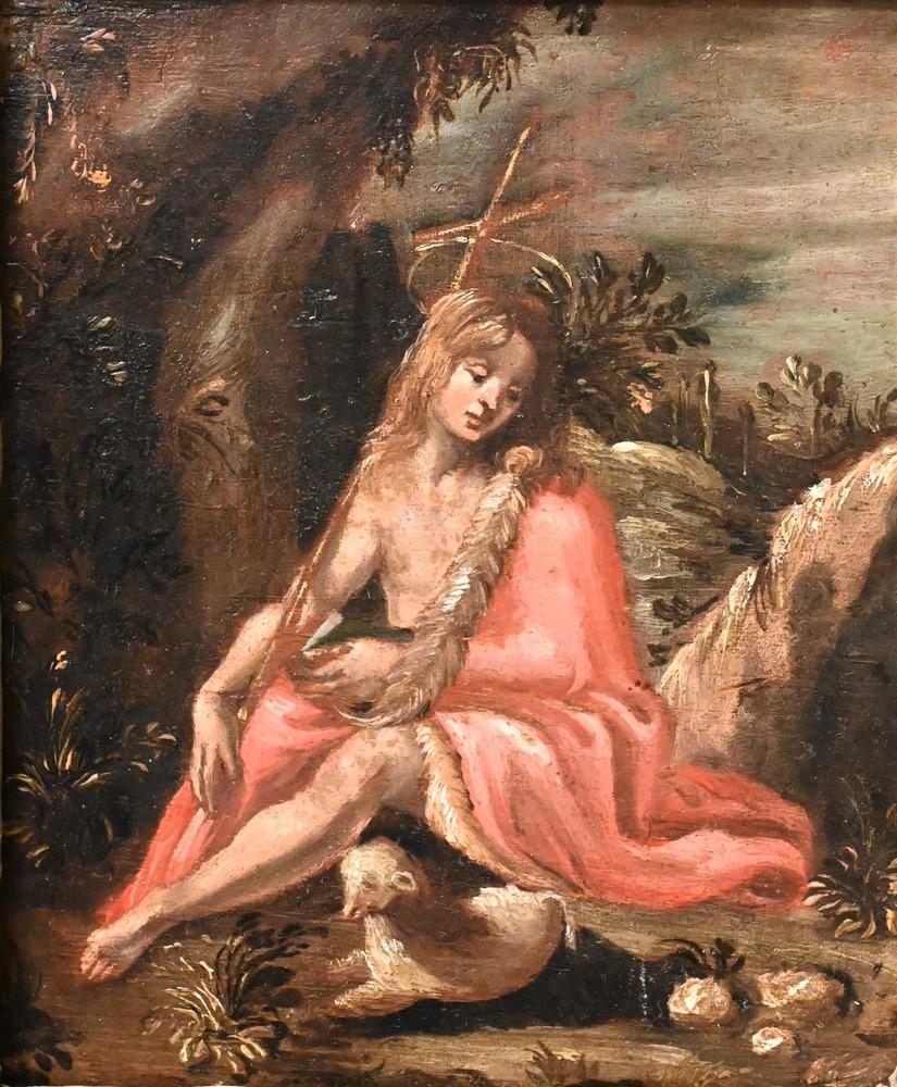 Attributed to Pier Francesco Mola (Italian, 1612 - 1666), young St. John the Baptist seated in a: Attributed to Pier Francesco Mola (Italian, 1612 - 1666), young St. John the Baptist seated in a grotto, oil on panel, 8 7/8" x 7 1/4". Provenance: Purchased at American Art Galleries, Chicago, March