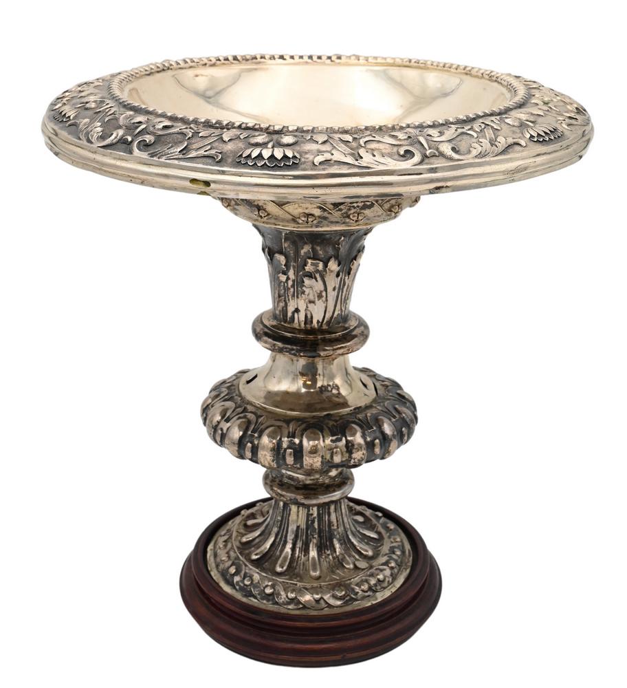 Continental Silver Compote, monogrammed To John Grant as her Majesty's Inspector of Police 1872,: Continental Silver Compote, monogrammed To John Grant as her Majesty's Inspector of Police 1872, handles missing, height 13 1/2 inches, net 49 t.oz. without base.