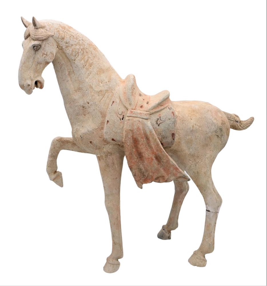 Tang Dynasty Horse Figure, having remnants of paint on plexiglass platform stand, (repairs), height: Tang Dynasty Horse Figure, having remnants of paint on plexiglass platform stand, (repairs), height 24 1/2 inches, length 23 inches, (repairs).