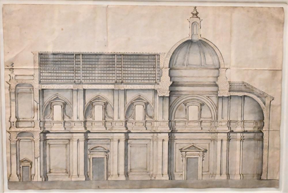 Continental School, 18th century, longitudinal section of a church with narthex, nave, dome and apse: Continental School, 18th century, longitudinal section of a church with narthex, nave, dome and apse; pen and brown ink with blue grey wash, 10 7/8" x 16 3/8". Provenance: Purchased by Walter Schatzki