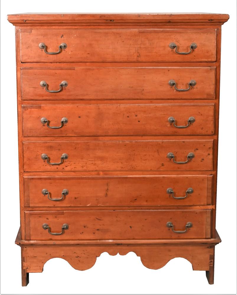 Queen Anne Cherry Tall Chest, having cornice molding over six drawers, bail handles over highly: Queen Anne Cherry Tall Chest, having cornice molding over six drawers, bail handles over highly scalloped skirt, set on boot jack ends, circa 1750, height 51 inches, width 36 inches. Provenance: Estat
