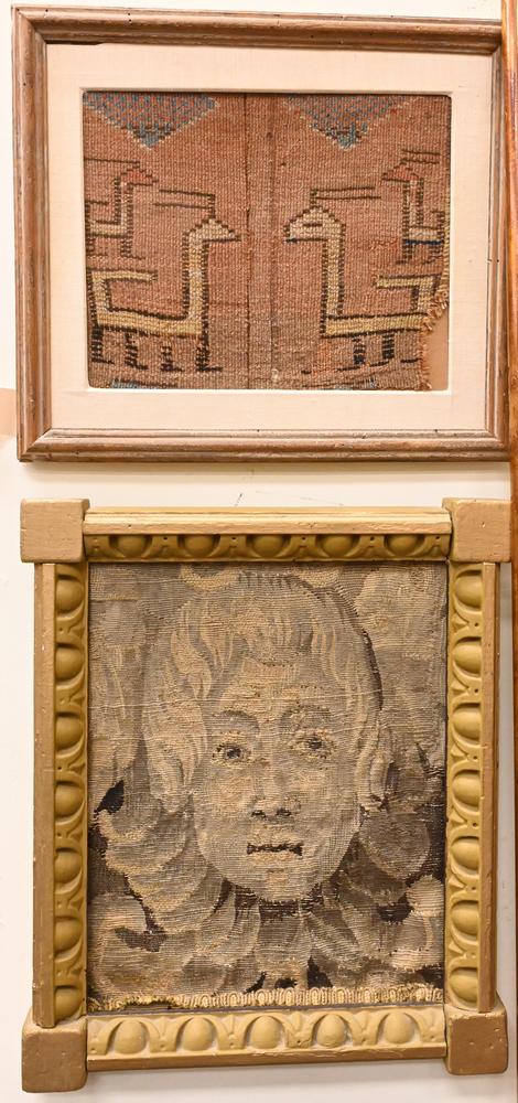 Six Piece Group, to include three framed rug or tapestry fragments; bronze lion bust; bronze griffin: Six Piece Group, to include three framed rug or tapestry fragments; bronze lion bust; bronze griffin plaque, etc.; largest 12 1/2" x 10". Provenance: Estate of Wallace Bradway, New Haven, CT.