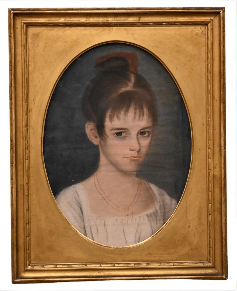 Unknown Artist, primitive portrait of a young girl, pastel on paper, American, 12 1/4" x 17".: Unknown Artist, primitive portrait of a young girl, pastel on paper, American, 12 1/4" x 17". Provenance: Christie's Sale 6400, Lot 75. Collection of Sascha Rockefeller.