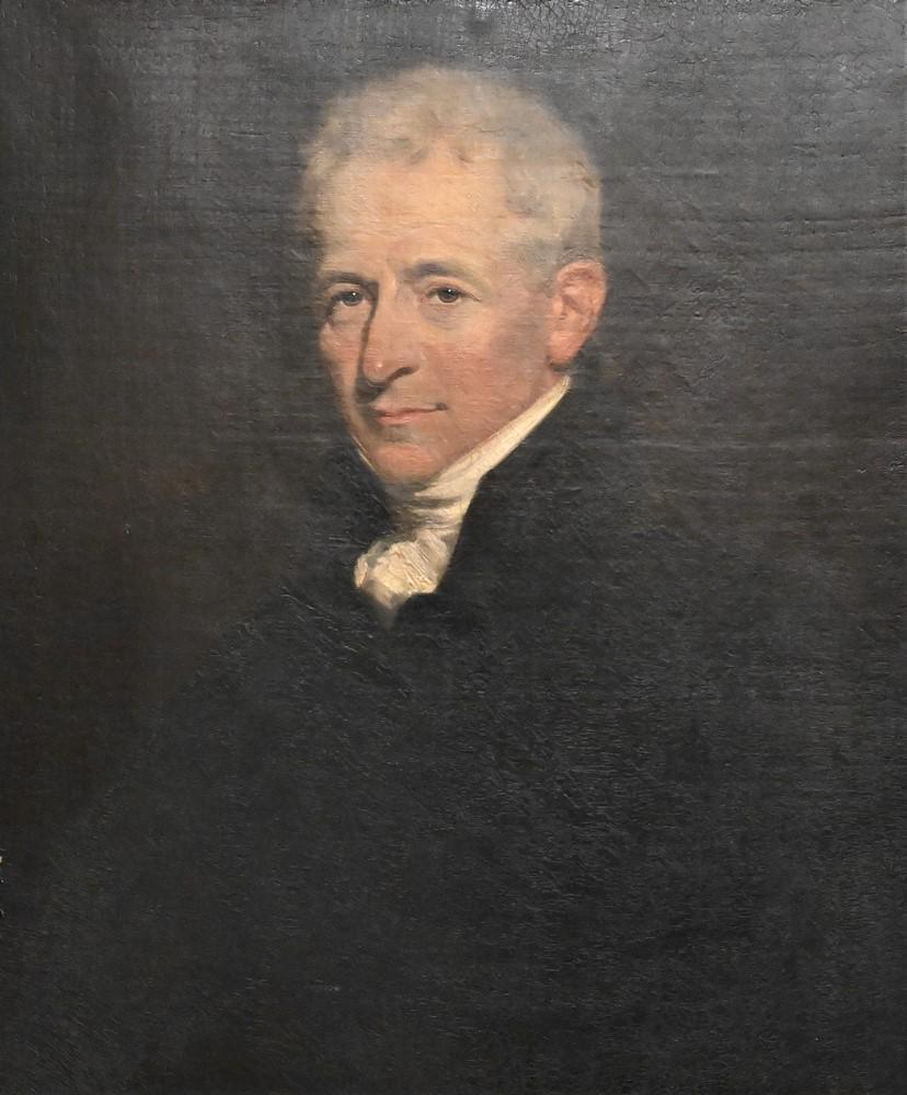 Attributed to Sir William Beechey, RA (1753 - 1829), portrait of a gentleman, in a white cravat and: Attributed to Sir William Beechey, RA (1753 - 1829), portrait of a gentleman, in a white cravat and black overcoat, oil on canvas, sight size 30" x 25". Provenance: The Estate of Lillian B. Winters; C