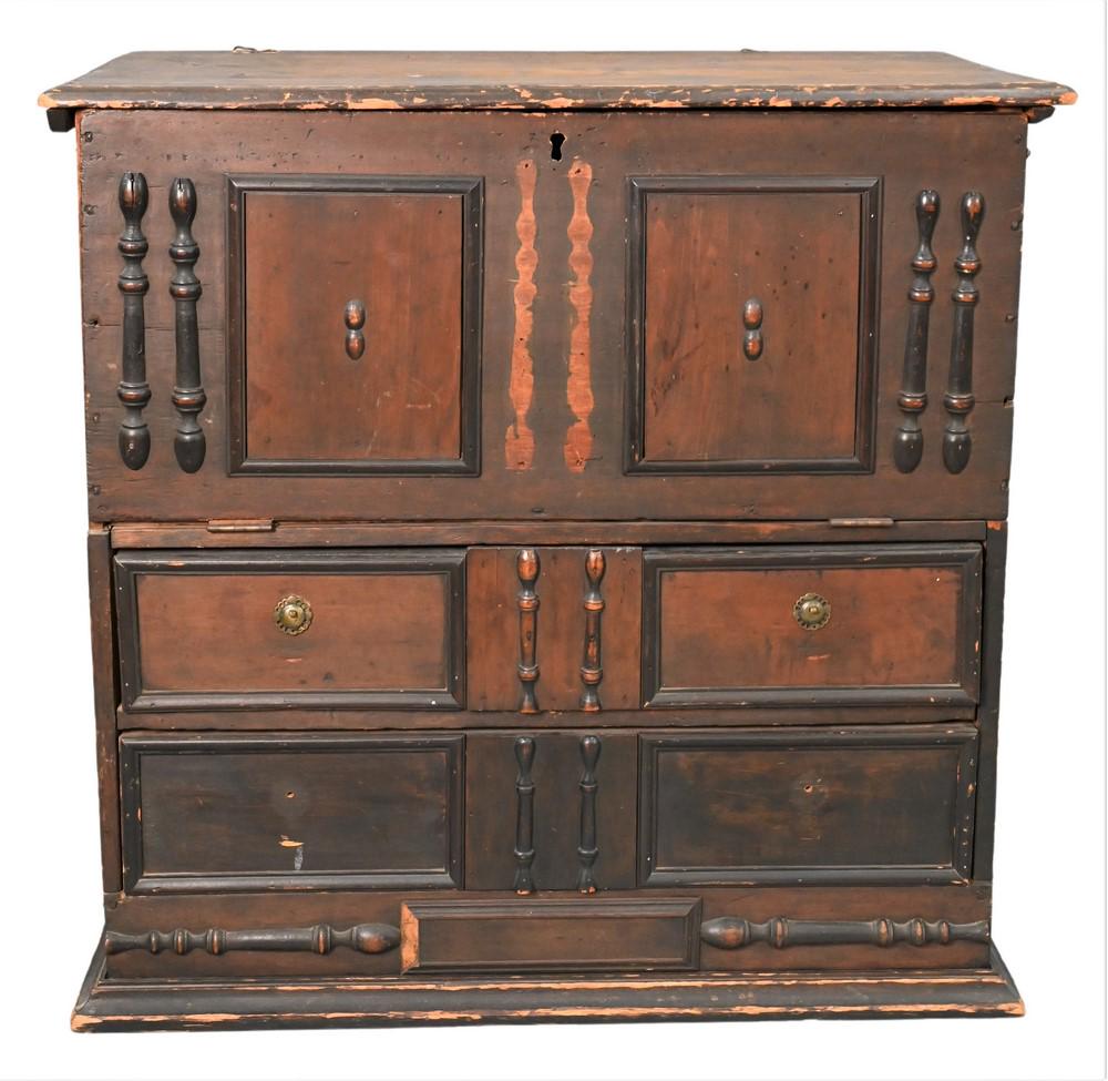Lift Top Blanket Chest, over two drawers, (now with drop front), New England, circa 1750,: Lift Top Blanket Chest, over two drawers, (now with drop front), New England, circa 1750, (restored), height 37 1/2 inches, width 38 1/2 inches, depth 19 inches, Gift of Mrs. Glen Wright. Provenance: 