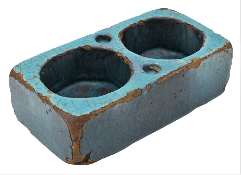 Chinese Stoneware Double Container, Ming Dynasty (or older), possibly a brush washer, the: Chinese Stoneware Double Container, Ming Dynasty (or older), possibly a brush washer, the rectangular shape covered with a jun yao-like glaze, length 8 1/2 inches.