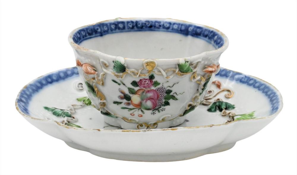 Chinese Export Tea Cup and Saucer, saucer length 5 inches, minor roughness. Provenance: Estate of: Chinese Export Tea Cup and Saucer, saucer length 5 inches, minor roughness. Provenance: Estate of Wallace Bradway, New Haven, CT.
