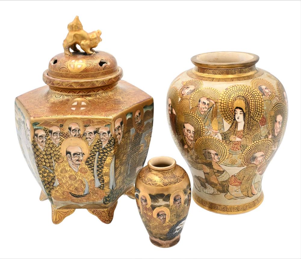Three Piece Lot of Satsuma, to include a covered censor, along with two vases, having painted faces: Three Piece Lot of Satsuma, to include a covered censor, along with two vases, having painted faces and figures, tallest 9 1/2 inches.