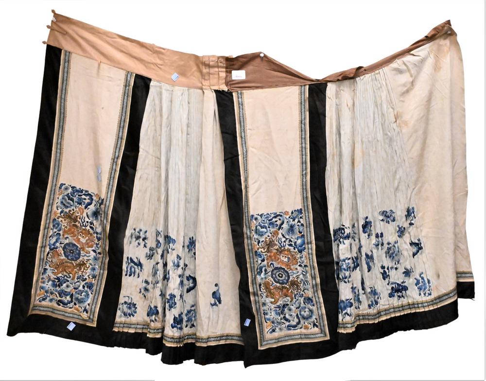 Chinese Embroidered Skirt, having copper and gold thread, 35" x 66".: Chinese Embroidered Skirt, having copper and gold thread, 35" x 66".