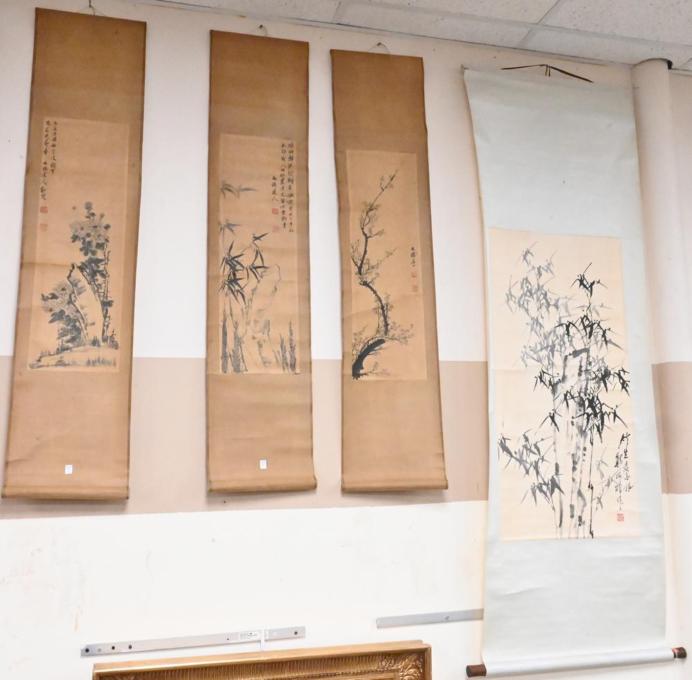Four Chinese Scrolls, to include a set of three depicting blossoming flowers, along with a larger: Four Chinese Scrolls, to include a set of three depicting blossoming flowers, along with a larger scroll depicting a tree, all with characters and seals, largest image 37" x 18".