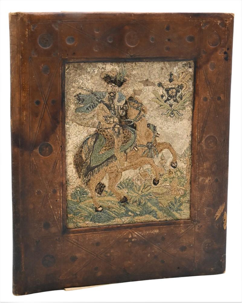 Leather Folio Binder, having leather insert, embroidered with Chinese figure on horseback, 11 1/2" x: Leather Folio Binder, having leather insert, embroidered with Chinese figure on horseback, 11 1/2" x 14 1/4".