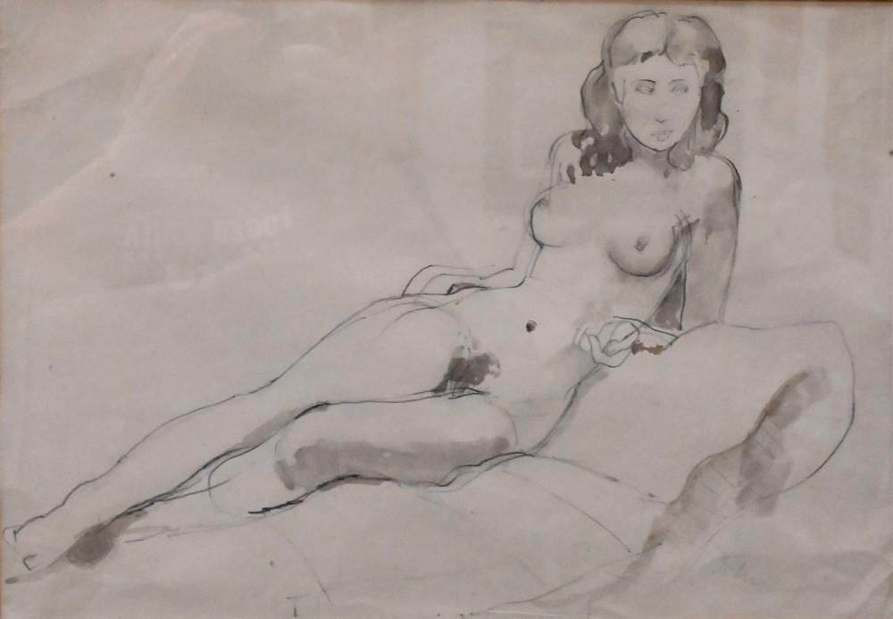 Augustus John (England, 1878 - 1961), Reclining Nude, pencil drawing with grey wash, signed back and: Augustus John (England, 1878 - 1961), Reclining Nude, pencil drawing with grey wash, signed back and lower right, sight size 10 1/4" x 15", gilt frame 19" x 23".