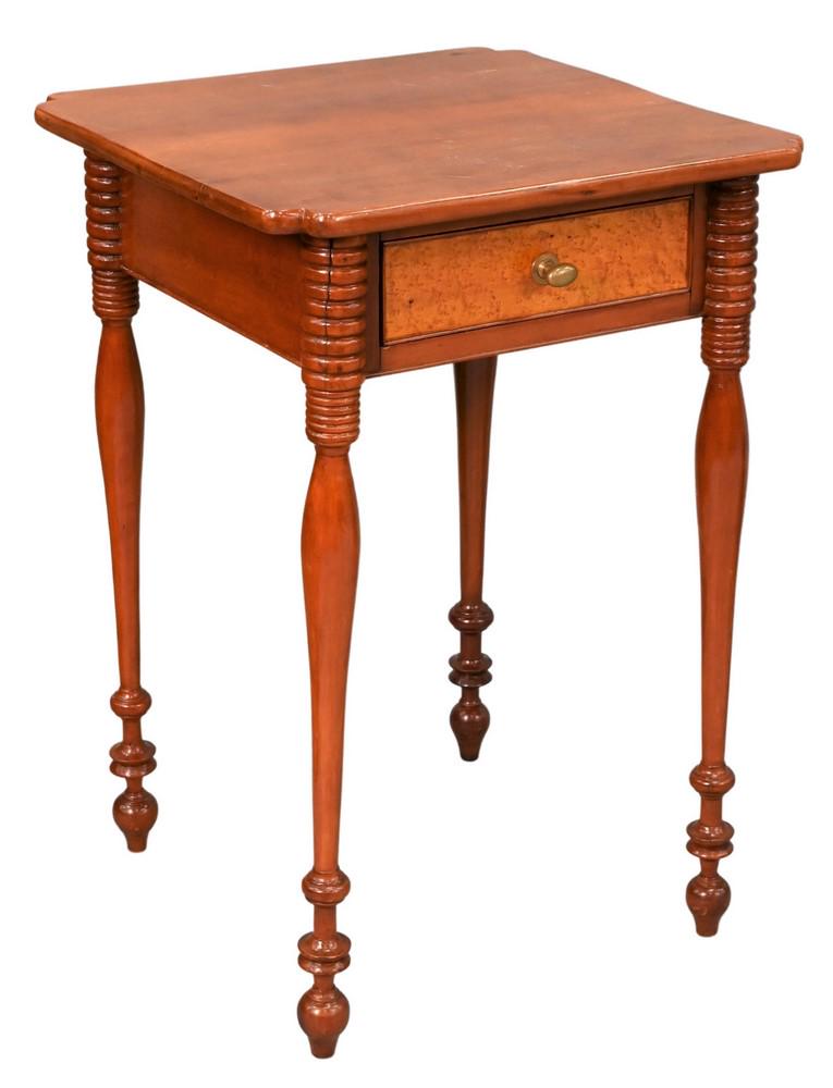 Federal Cherry One Drawer Stand, having birdseye maple drawer front, on turned legs, New England,: Federal Cherry One Drawer Stand, having birdseye maple drawer front, on turned legs, New England, circa 1830, 26 1/2" x 18 1/2" x 17". Provenance: Marianne Clark Antiques, Maine 1997.