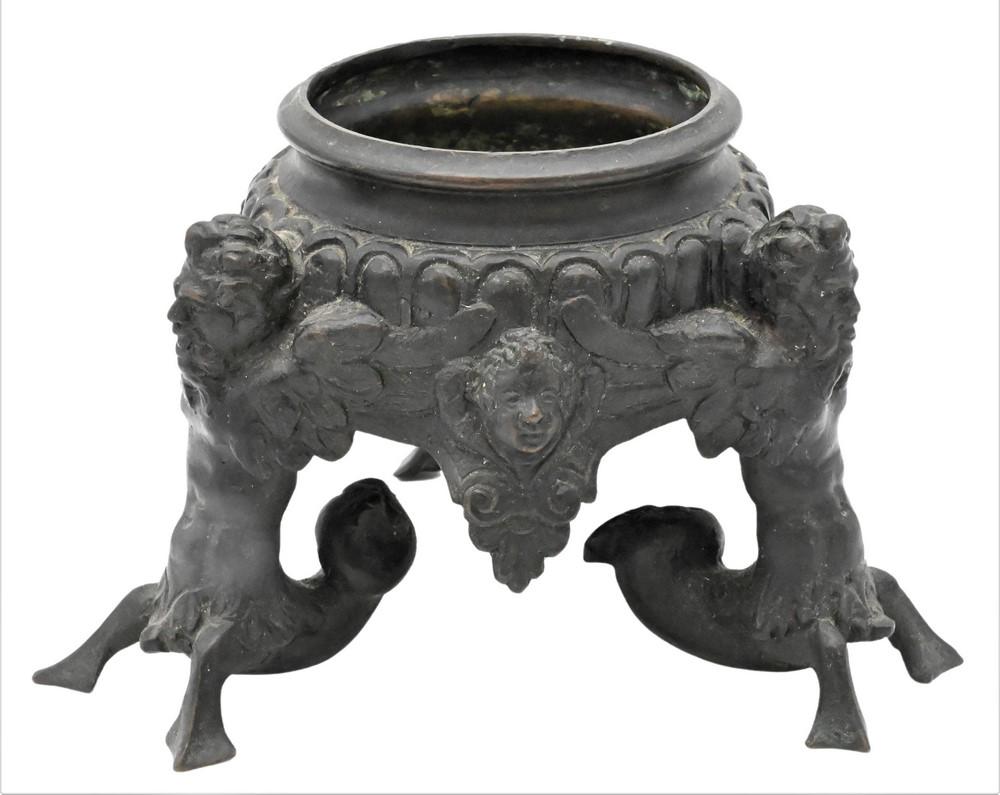 Bronze Base Oriental Censor, supported by three mythological figures, probably 18th century or: Bronze Base Oriental Censor, supported by three mythological figures, probably 18th century or earlier, height 4 7/8 inches. Provenance: Estate of Wallace Bradway, New Haven, CT.