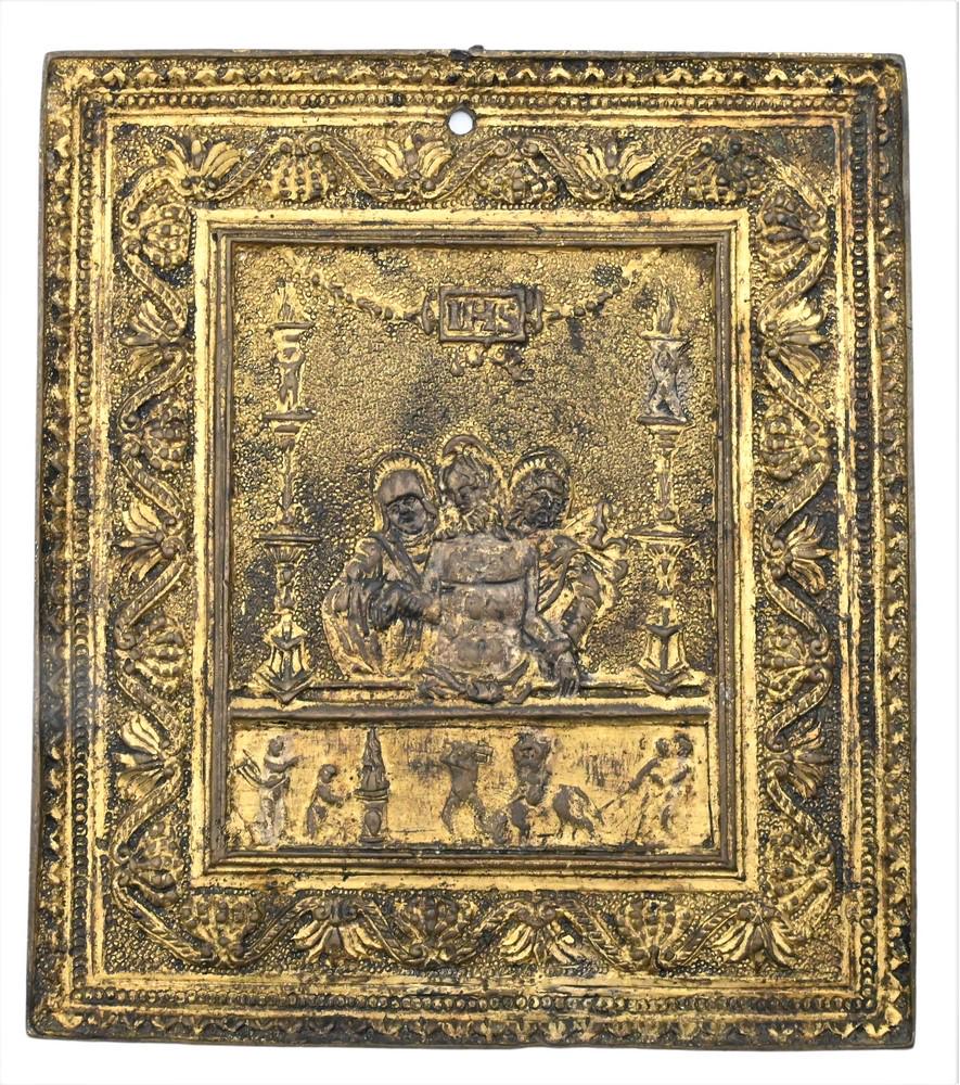 Italian Gilt Bronze Plaquette, Saint Sebastian figures at an alter, 16th/17th century, heights 4 1/4: Italian Gilt Bronze Plaquette, Saint Sebastian figures at an alter, 16th/17th century, heights 4 1/4 and 3 3/4 inches. Provenance: Estate of Wallace Bradway, New Haven, CT.