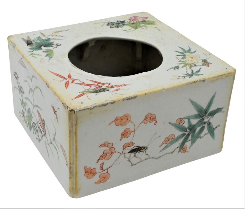 Large Chinese Famille Rose Brush Washer, 19th century, Daoguang (1821 - 1850), decorated with: Large Chinese Famille Rose Brush Washer, 19th century, Daoguang (1821 - 1850), decorated with delicate floral sprays and insects, unmarked, height 3 1/2 inches, 6 1/2 inch square.