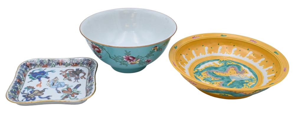 Three Piece Chinese Porcelain Group, to include a yellow and green glazed five claw dragon bowl: Three Piece Chinese Porcelain Group, to include a yellow and green glazed five claw dragon bowl having six character marks on the bottom, diameter 8 1/4 inches; a teal bowl with painted lowers, gilt r