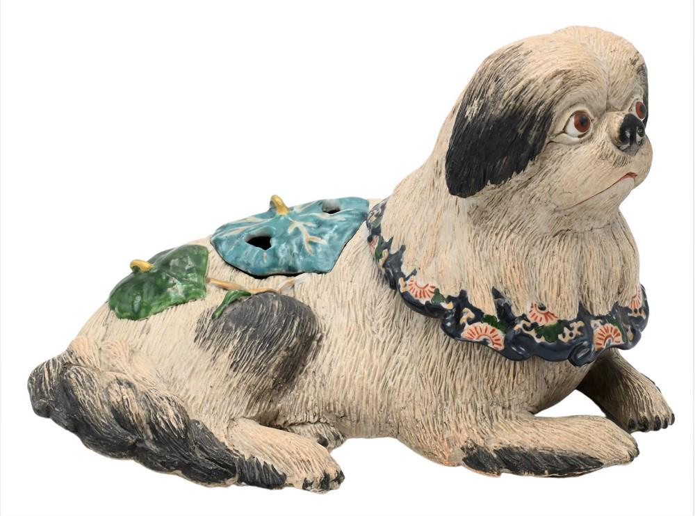 Chinese Porcelain Dog Box, reclining position with green glazed leaf style cover, height 6 1/2: Chinese Porcelain Dog Box, reclining position with green glazed leaf style cover, height 6 1/2 inches, length 11 inches.