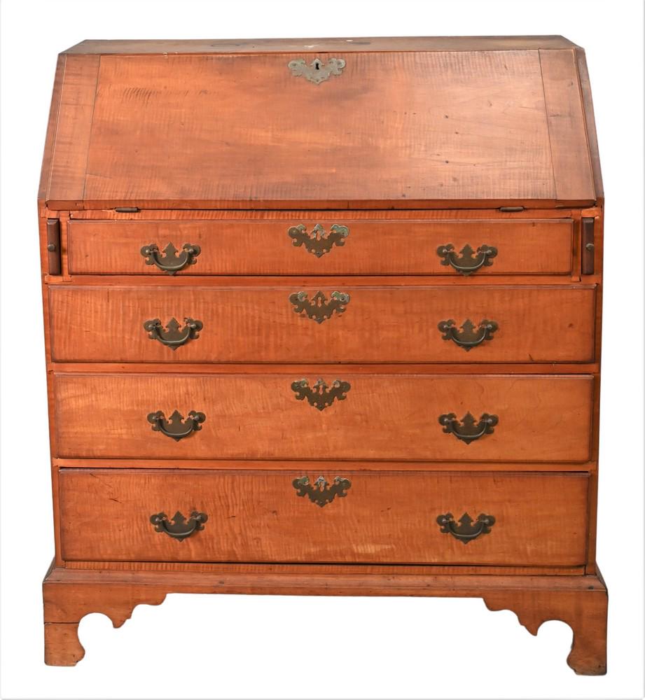 Chippendale Tiger Maple Desk, having slant lid over four drawers, on bracket feet, probably Rhode: Chippendale Tiger Maple Desk, having slant lid over four drawers, on bracket feet, probably Rhode Island, circa 1760, height 44 1/2 inches, width 39 inches. Provenance: Estate of Florence Yannios, Wat