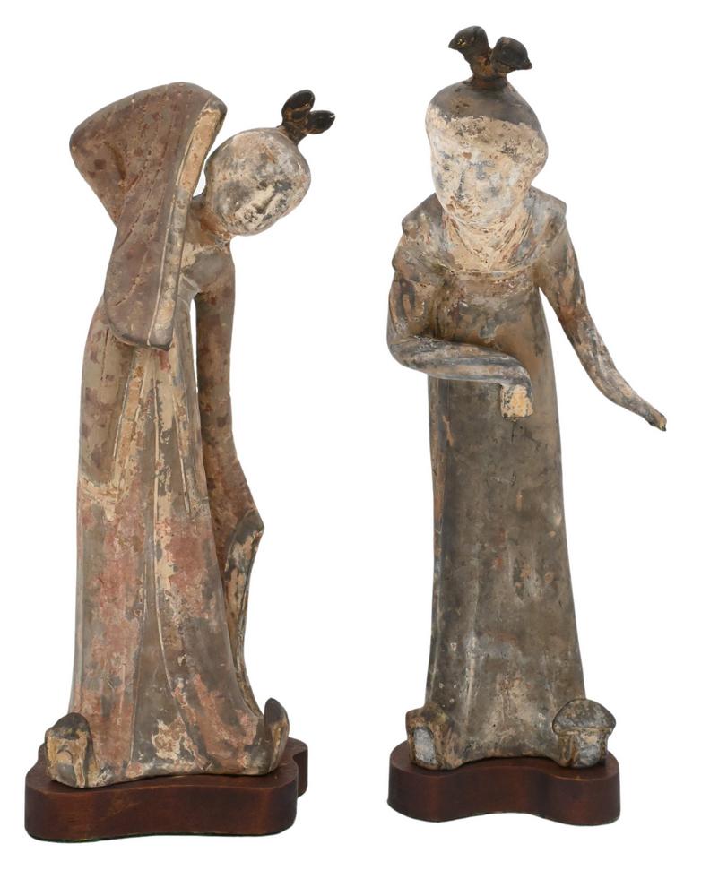 Pair of Clay Tomb Figures of Female Dancers, Tang Dynasty (618 - 907), both on custom wooden stands,: Pair of Clay Tomb Figures of Female Dancers, Tang Dynasty (618 - 907), both on custom wooden stands, height 12 3/4 inches. Provenance: Estate of Mary C. Rockefeller, Fifth Avenue, New York City.