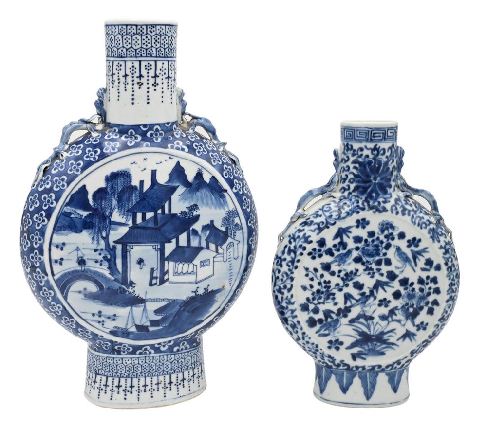 Two Chinese Blue and White Moon Flasks, heights 10 1/2 and 14 inches. Provenance: An estate from: Two Chinese Blue and White Moon Flasks, heights 10 1/2 and 14 inches. Provenance: An estate from Redding, CT.