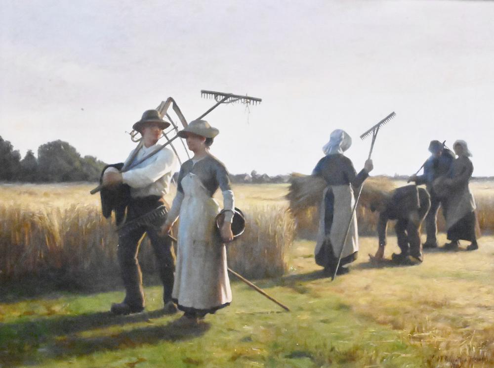 Niels Frederick Schiottz - Jensen (1855 - 1941), End of the Day Haying, hay field, oil on canvas,: Niels Frederick Schiottz - Jensen (1855 - 1941), End of the Day Haying, hay field, oil on canvas, dated lower right 1884, 20" x 24", relined.