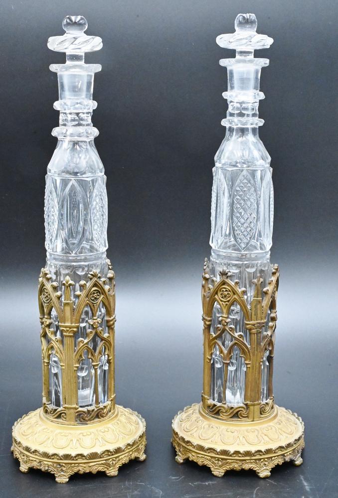 Pair of Crystal Bottles, having gilt bronze holders, height 12 1/2 inches.: Pair of Crystal Bottles, having gilt bronze holders, height 12 1/2 inches.