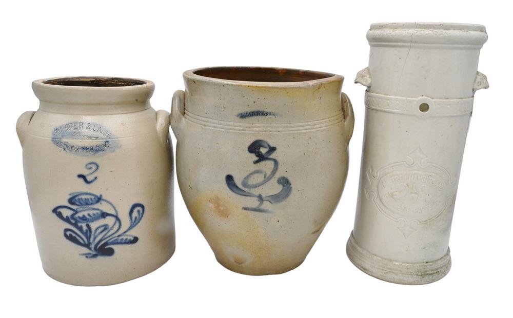 Three Stoneware Pieces, to include a crock with blue decoration, marked S. Haddington; Filtre: Three Stoneware Pieces, to include a crock with blue decoration, marked S. Haddington; Filtre Chamberland system pasteur stoneware container with spigot hole (hairline), height 15 inches; along with a