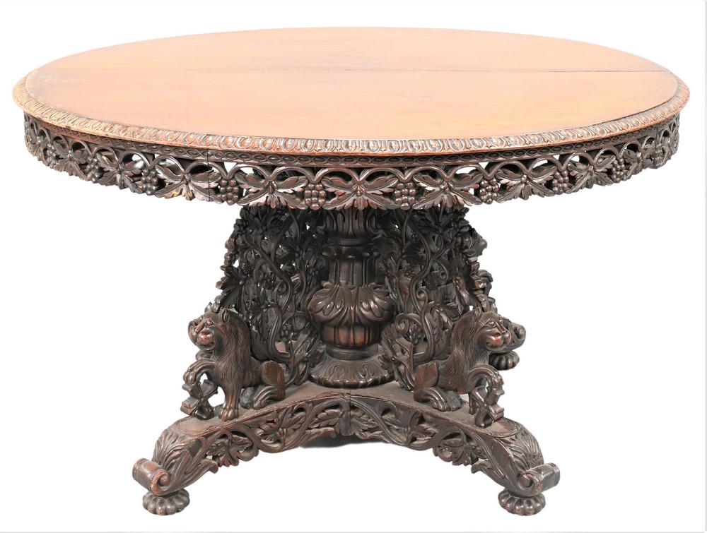 Anglo Indian Tip Table, having carved skirt and base carved with foo dogs, crack in top, height 30: Anglo Indian Tip Table, having carved skirt and base carved with foo dogs, crack in top, height 30 1/2 inches, diameter 52 inches.