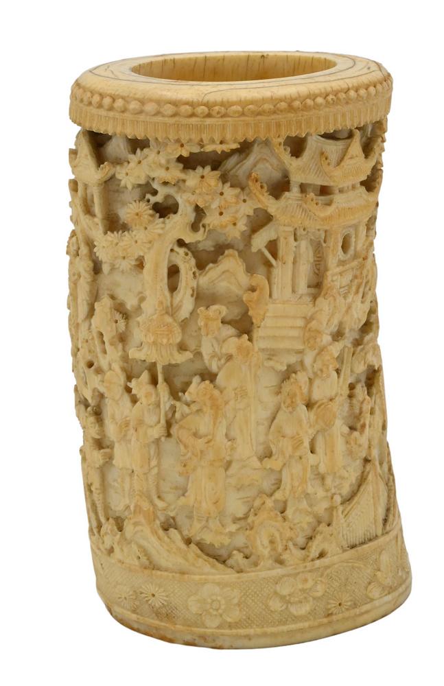 Chinese Carved Brush Pot, having carved scholars on one side and warriors on the opposite side,: Chinese Carved Brush Pot, having carved scholars on one side and warriors on the opposite side, height 6 3/4 inches. This item cannot be purchased or shipped by bidders residing outside of the United 