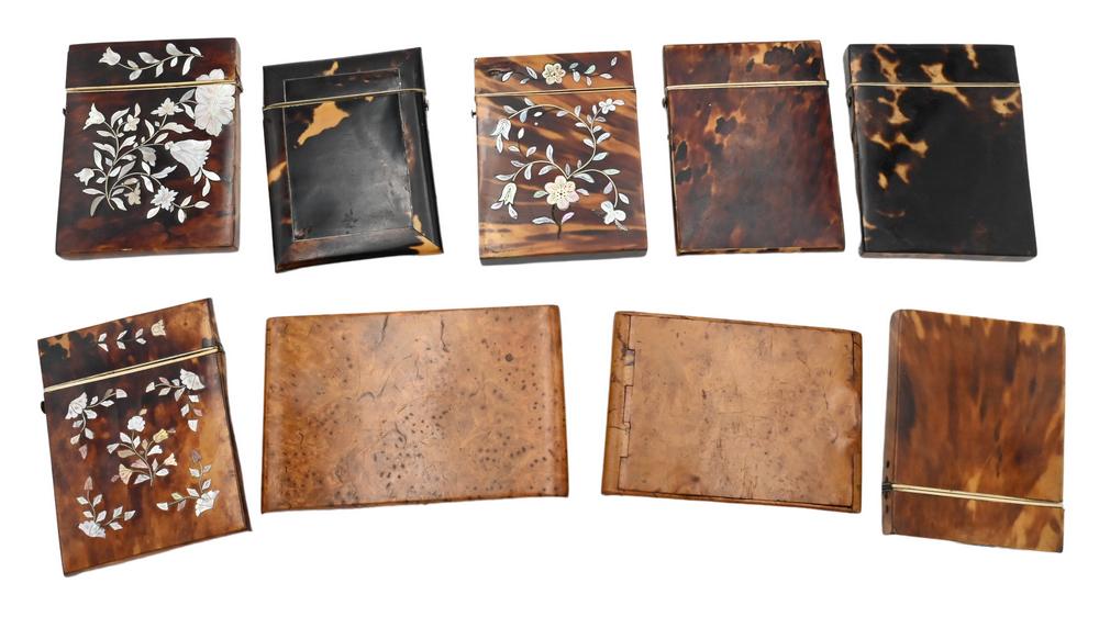 Collection of Nine Cigarette Cases and Boxes, to include three tortoise shell with mother of pearl: Collection of Nine Cigarette Cases and Boxes, to include three tortoise shell with mother of pearl inlaid flowers; four tortoise shell; along with two burl wood; largest 3 1/4" x 5 1/4".