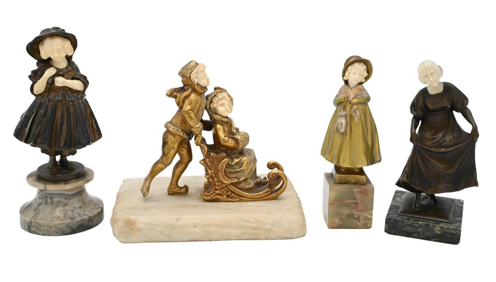 Group of Four Bronze/Gilt Bronze Figures with Carved Faces, to include a Peter Tereszczuk (1875 -: Group of Four Bronze/Gilt Bronze Figures with Carved Faces, to include a Peter Tereszczuk (1875 - 1963), young girl with flowers on marble base, signed P. Tereszczuk, Made in Austria, height 7 1/4 inc
