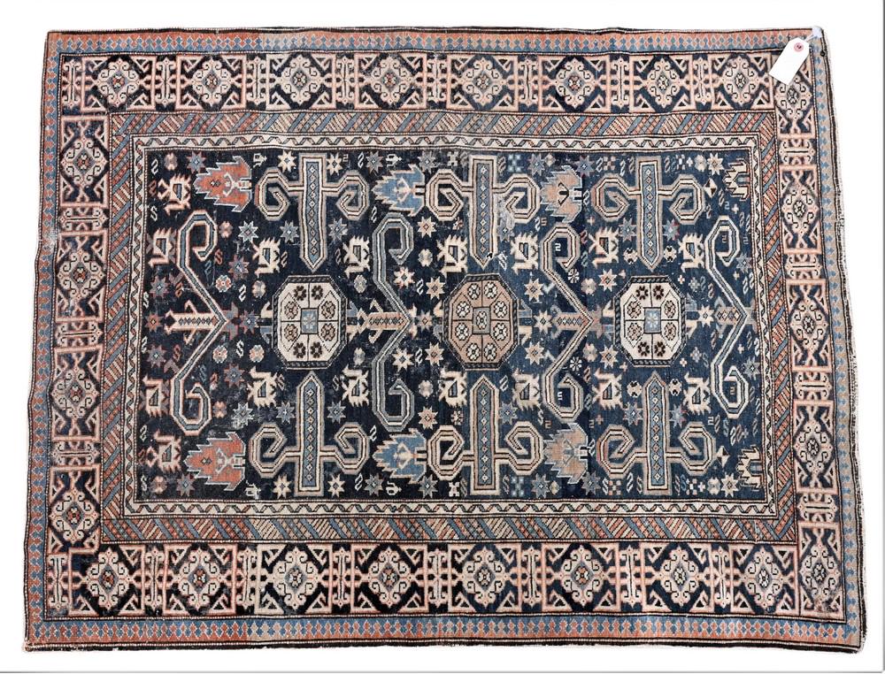 Caucasian Oriental Throw Rug, 3' x 3' 10", (one small hole). Provenance: Estate of Wallace Bradway,: Caucasian Oriental Throw Rug, 3' x 3' 10", (one small hole). Provenance: Estate of Wallace Bradway, New Haven, CT.