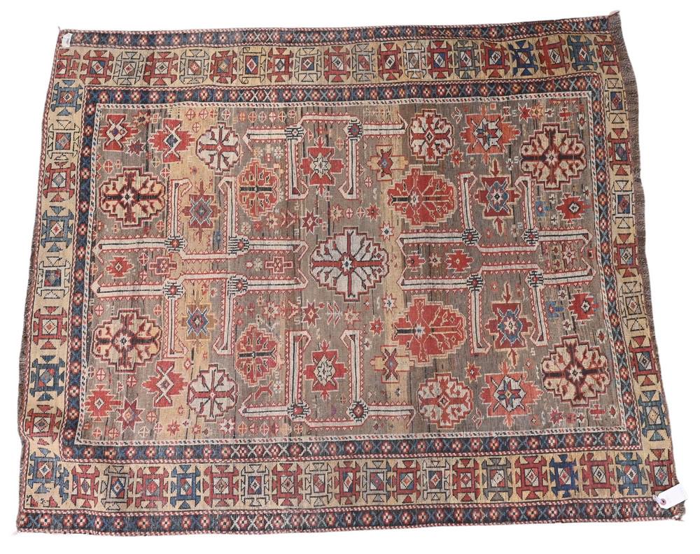 Caucasian Oriental Throw Rug, 4' x 4' 9", (low and end worn). Provenance: Estate of Wallace Bradway,: Caucasian Oriental Throw Rug, 4' x 4' 9", (low and end worn). Provenance: Estate of Wallace Bradway, New Haven, CT.