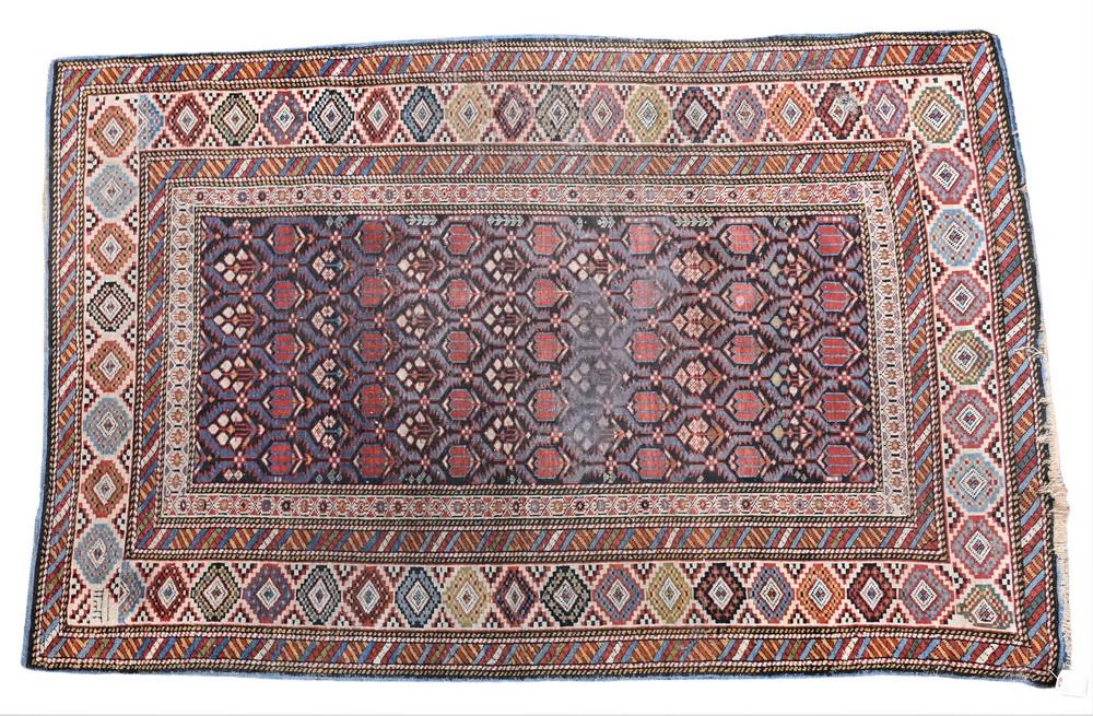 Shirvane Oriental Throw Rug, 3' 2" x 5', 19th century, signed, two cuts to end. Provenance: Estate: Shirvane Oriental Throw Rug, 3' 2" x 5', 19th century, signed, two cuts to end. Provenance: Estate of Wallace Bradway, New Haven, CT.