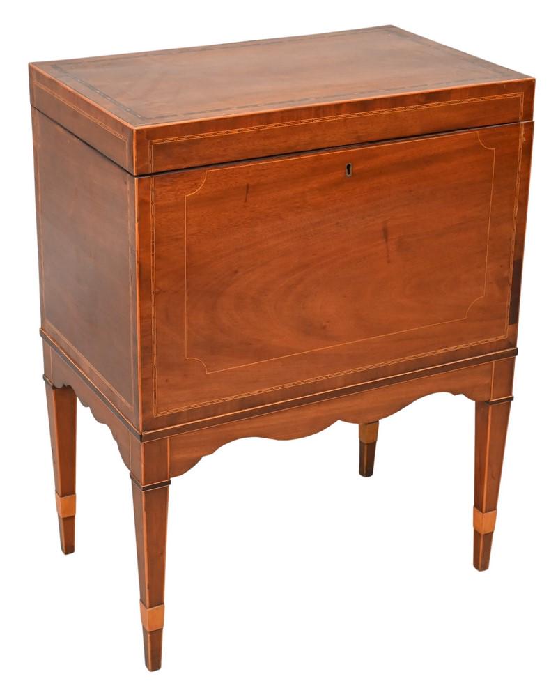 Federal Mahogany Cellarette, having inlaid liftop cabinet on square tapered legs, probably late 19th: Federal Mahogany Cellarette, having inlaid liftop cabinet on square tapered legs, probably late 19th century, mahogany, mahogany veneer, light and dark wood inlays, eastern white pine, spruce, height 