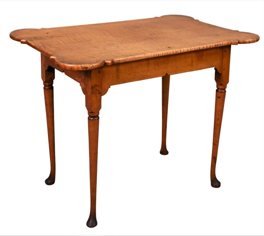 Queen Anne Cherry Tea Table, now with shaped tiger maple top, height 27 inches, top 23" x 35 1/2".: Queen Anne Cherry Tea Table, now with shaped tiger maple top, height 27 inches, top 23" x 35 1/2". Provenance: Estate of Florence Yannios, Waterfront Home, Guilford, CT.