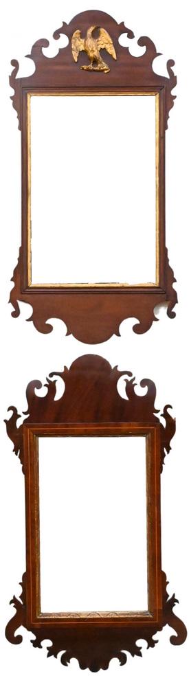 Two Mahogany Chippendale Mirrors, one having gilt bird, heights 30 and 31 inches. Provenance:: Two Mahogany Chippendale Mirrors, one having gilt bird, heights 30 and 31 inches. Provenance: Collection of Sascha Rockefeller.