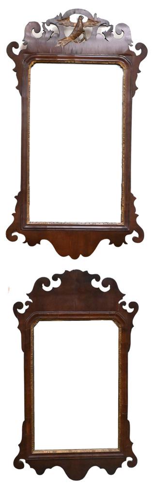 Two Mahogany Chippendale Mirrors, one having gilt phoenix bird, heights 29 and 33 1/2 inches.: Two Mahogany Chippendale Mirrors, one having gilt phoenix bird, heights 29 and 33 1/2 inches. Provenance: Collection of Sascha Rockefeller.