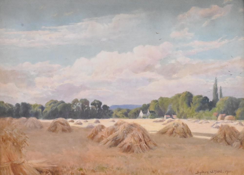 Sydney Janis Yard (1855 - 1909), haystack landscape, watercolor, signed lower right Sydney J. Yard: Sydney Janis Yard (1855 - 1909), haystack landscape, watercolor, signed lower right Sydney J. Yard (90), in Victorian gilt frame, 19 1/2" x 26 1/2".